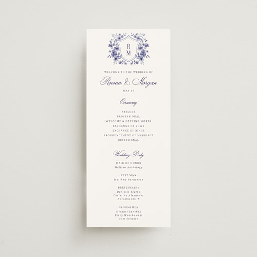 This is a plum unique wedding programs with standard by Cass Loh called blooming crest printing on signature in standard