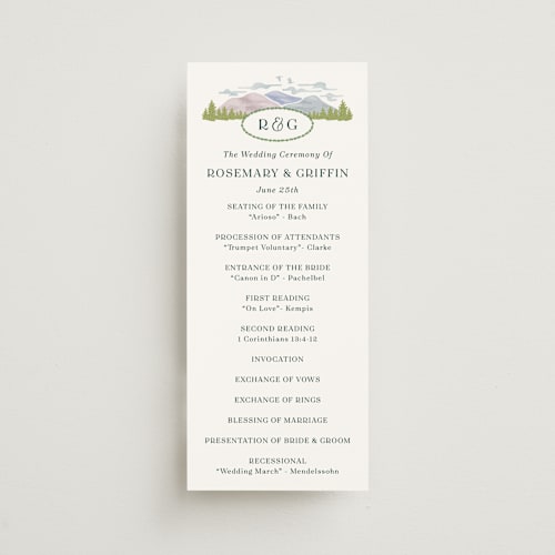 This is a pine unique wedding programs with standard by Paper Sun Studio called river valley printing on signature in standard