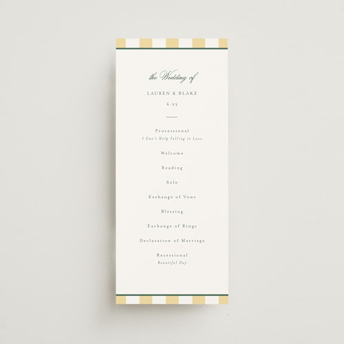 This is a citrine unique wedding programs with standard by Emily Betts called curved frame printing on signature in standard