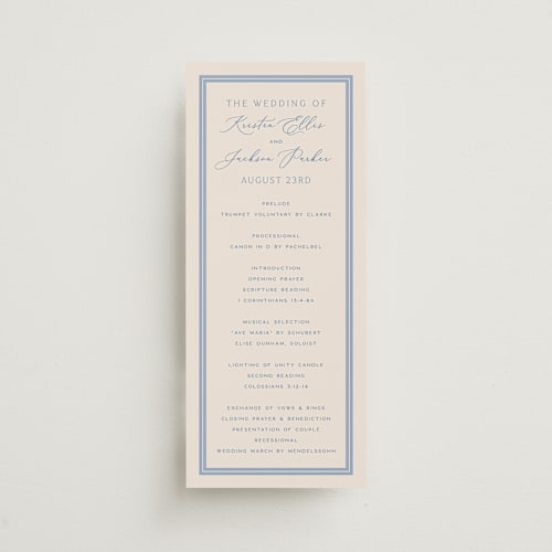 This is a periwinkle unique wedding programs with standard by Hooray Creative called twin border printing on signature in standard