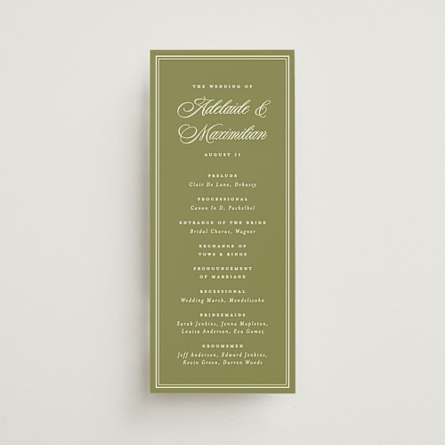 This is a olive unique wedding programs with standard by Ellen Schlegelmilch called museo printing on signature in standard