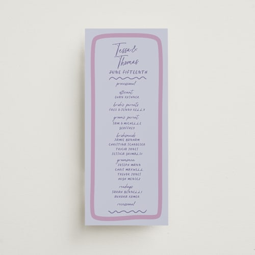 This is a lavender unique wedding programs with standard by Wonderland called funky bash printing on signature in 4x9