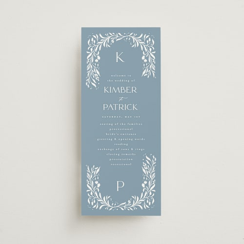 This is a delft blue unique wedding programs with standard by Ashley DeMeyere called porcelain printing on signature in 4x9