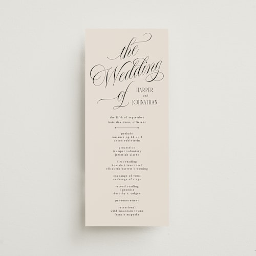 This is a linen unique wedding programs with standard by Kate Ahn called mirin printing on signature in standard