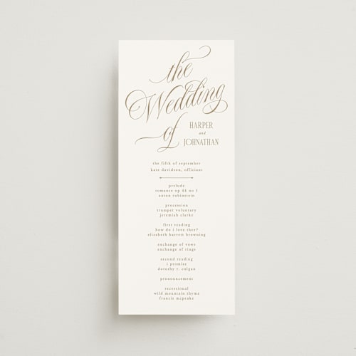 This is a sand unique wedding programs with standard by Kate Ahn called mirin printing on signature in 4x9