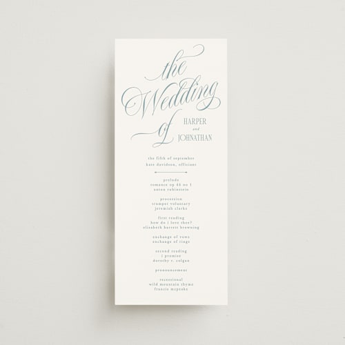 This is a sky unique wedding programs with standard by Kate Ahn called mirin printing on signature in 4x9