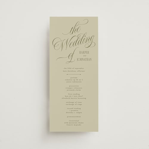 This is a moss unique wedding programs with standard by Kate Ahn called mirin printing on signature in 4x9