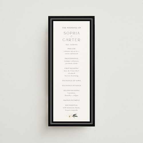 This is a black tie unique wedding programs with standard by Susan Moyal called botanical love printing on signature in 4x9