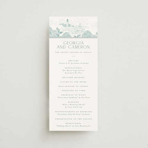 This is a seaglass unique wedding programs with standard by Jenna Holcomb called coastal toile printing on signature in 4x9