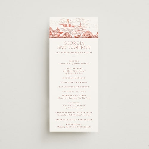 This is a sunset unique wedding programs with standard by Jenna Holcomb called coastal toile printing on signature in standard