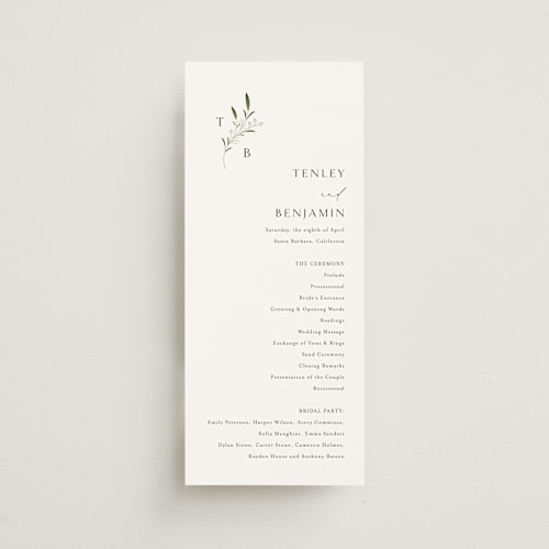 This is a cotton unique wedding programs with standard by Jennifer Postorino called gentle whisper printing on signature in 4x9