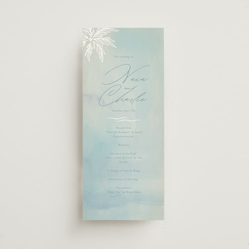 This is a aquatic unique wedding programs with standard by Sabrin Deirani called ocean dreams printing on signature in 4x9