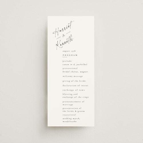 This is a linen unique wedding programs with standard by Ana de Sousa called scripted elegance printing on signature in 4x9