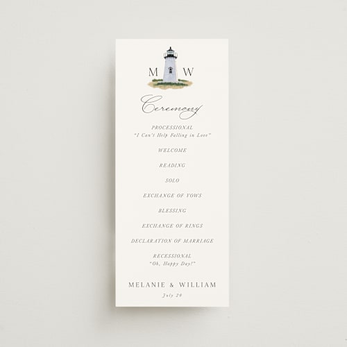 This is a snow unique wedding programs with standard by Becky Nimoy called east coast lighthouse printing on signature in 4x9