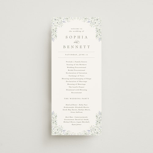 This is a periwinkle unique wedding programs with standard by Kristen Smith called delicate vines printing on signature in standard