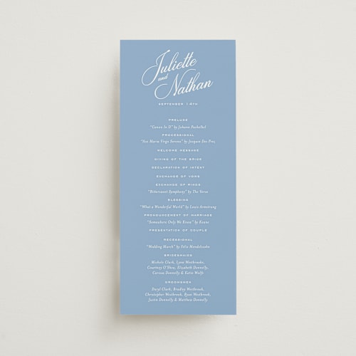 This is a bluebell unique wedding programs with standard by Jessica Williams called marenza printing on signature in standard