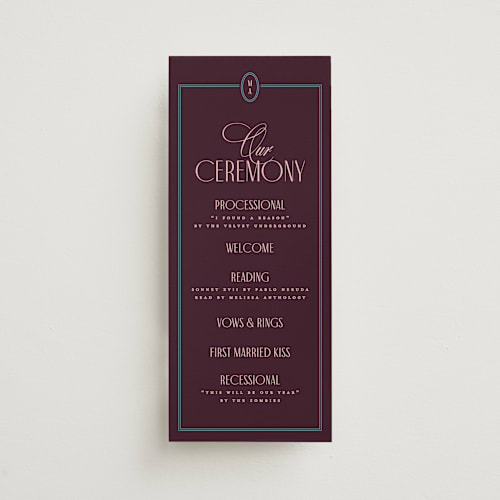 This is a plum unique wedding programs with standard by Owl and Toad called sophisticate printing on signature in standard