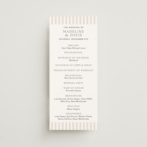 This is a latte unique wedding programs with standard by First Rodeo Design called classic stripe printing on signature in standard