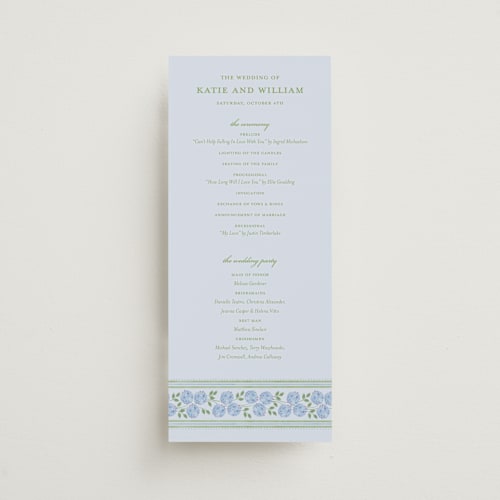 This is a coastal unique wedding programs with standard by Madhvi Samimi called hydrangea vines printing on signature in standard