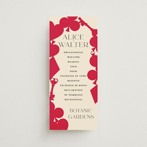 This is a ruby unique wedding programs with standard by Baumbirdy called pair of hearts from disney's alice in wonderland printing on signature in 4x9