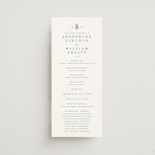 This is a pine unique wedding programs with standard by Amy Kross called mountain ridge printing on signature in standard