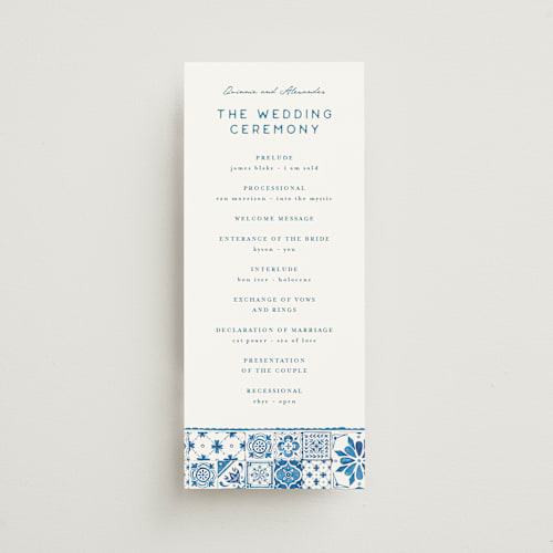 This is a navy unique wedding programs with standard by Anastasia Makarova called watercolor tile printing on signature in 4x9