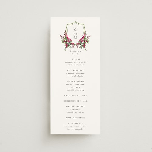 This is a peony unique wedding programs with standard by Susan Moyal called romantic florals printing on signature in 4x9