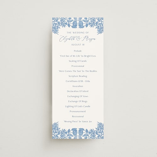 This is a porcelain unique wedding programs with standard by Elly called porcelain floral printing on signature in 4x9