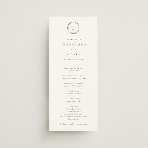 This is a cotton unique wedding programs with standard by Stacey Meacham called circle monogram printing on signature in 4x9