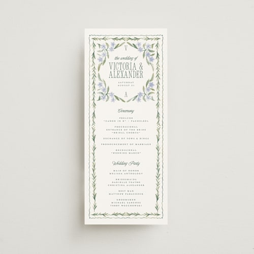 This is a wisteria unique wedding programs with standard by Jenna Holcomb called vintage sketched printing on signature in 4x9