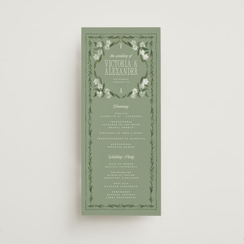 This is a sage unique wedding programs with standard by Jenna Holcomb called vintage sketched printing on signature in standard