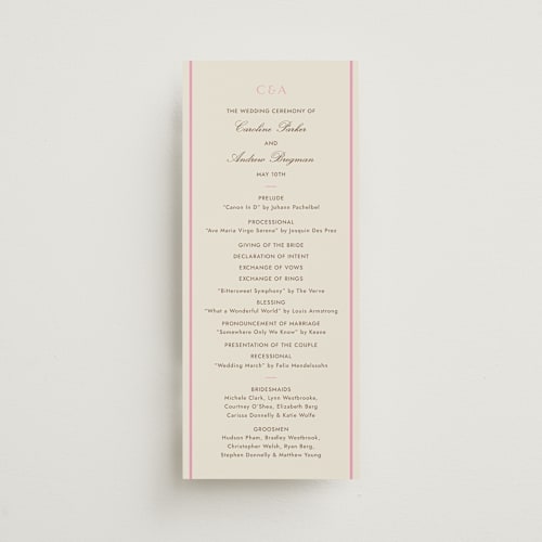 This is a fragola unique wedding programs with standard by Megan Davis called bocce printing on signature in 4x9