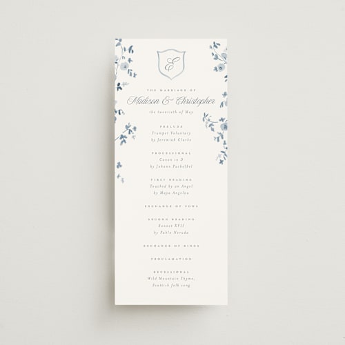 This is a bluebell unique wedding programs with standard by Everett Paper Goods called wildflower corners printing on signature in 4x9