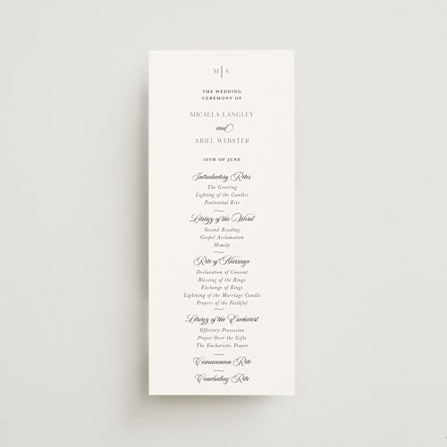 This is a obsidian unique wedding programs with standard by Lucrecia Caporale called classic & timeless printing on signature in 4x9