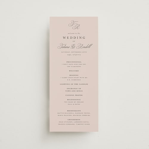 This is a dusty rose unique wedding programs with standard by Kelly Schmidt called arch monogram printing on signature in standard