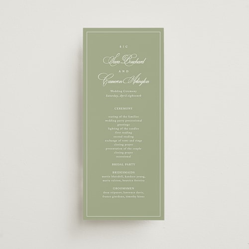 This is a garden unique wedding programs with standard by Kelly Schmidt called greenwood printing on signature in 4x9
