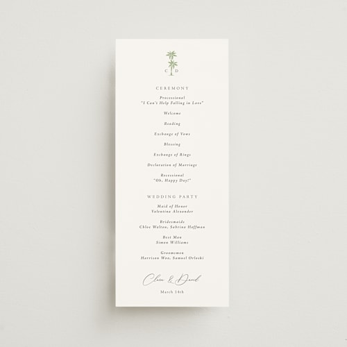 This is a leaf unique wedding programs with standard by Olivia Raufman called palm monogram printing on signature in 4x9