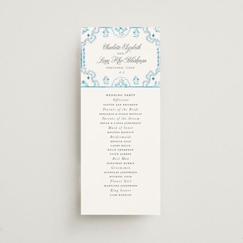 This is a cerulean unique wedding programs with standard by Itsy Belle Studio called almafi printing on signature in 4x9