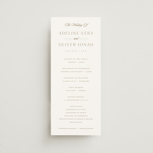 This is a golden unique wedding programs with standard by Stacey Meacham called classic decorum printing on signature in 4x9