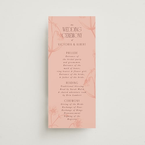 This is a burgundy unique wedding programs with standard by Nazia Hyder called museum printing on signature in 4x9