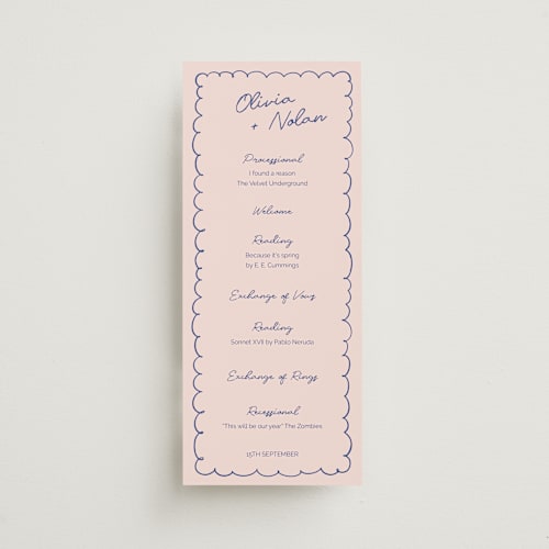 This is a disco blue unique wedding programs with standard by Zove Ahhh called party on! printing on signature in 4x9