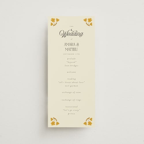 This is a yolk unique wedding programs with standard by Morgan Kendall called vintage wildflowers printing on signature in 4x9