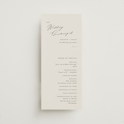 This is a ivory unique wedding programs with standard by Carolyn Nicks called kinkaid printing on signature in 4x9