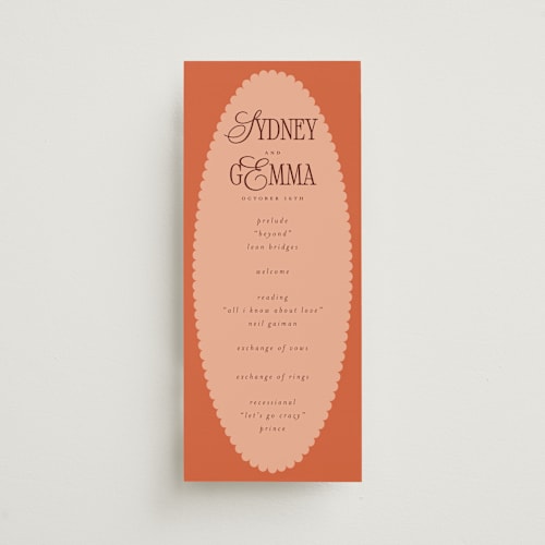 This is a poppy unique wedding programs with standard by Morgan Kendall called bloom printing on signature in standard