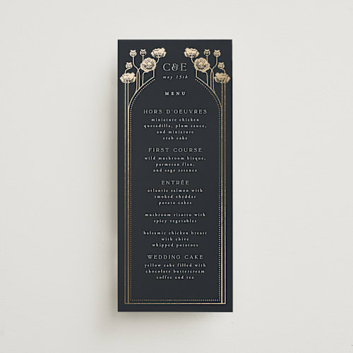 This is a navy menu cards with foil pressed by Ana de Sousa called nouveau flowers printing on signature in 4x9