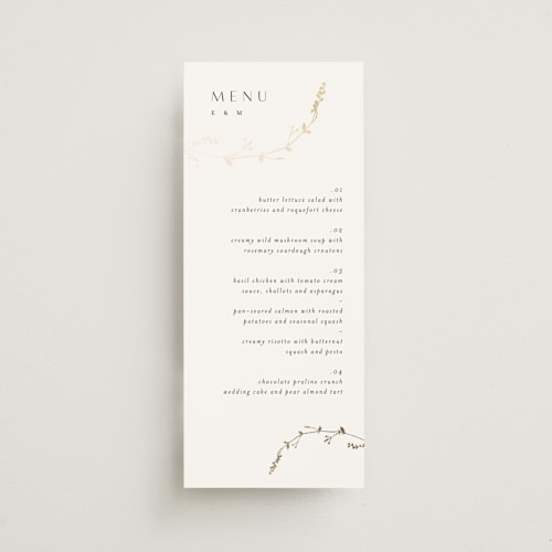 This is a cotton menu cards with foil pressed by Amy Kross called vine wrap printing on signature in 4x9