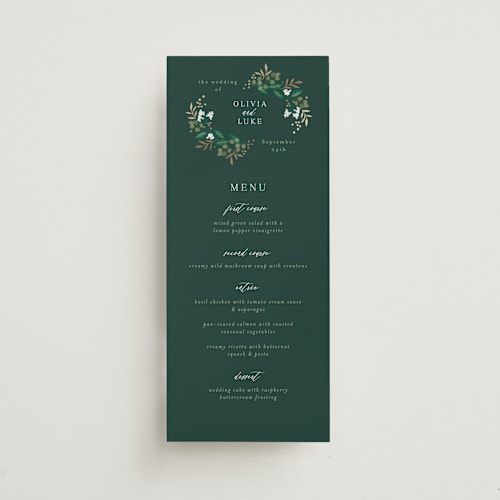 This is a evergreen menu cards with foil pressed by Alethea and Ruth called illuminated storybook printing on signature in 4x9
