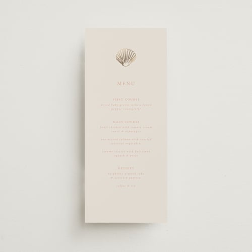 This is a coral menu cards with foil pressed by Hannah Bowman called simple seashell printing on signature in 4x9