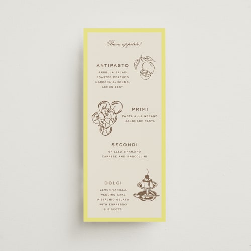 This is a limone menu cards with standard by Megan Davis called campania printing on signature in 4x9