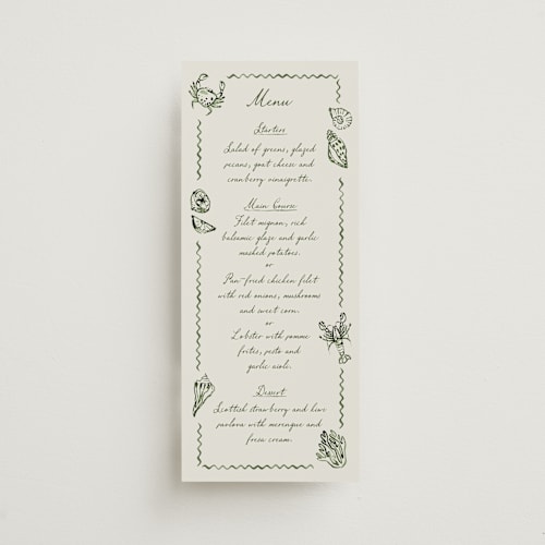 This is a algae menu cards with standard by Pati Cascino called puglia printing on signature in 4x9